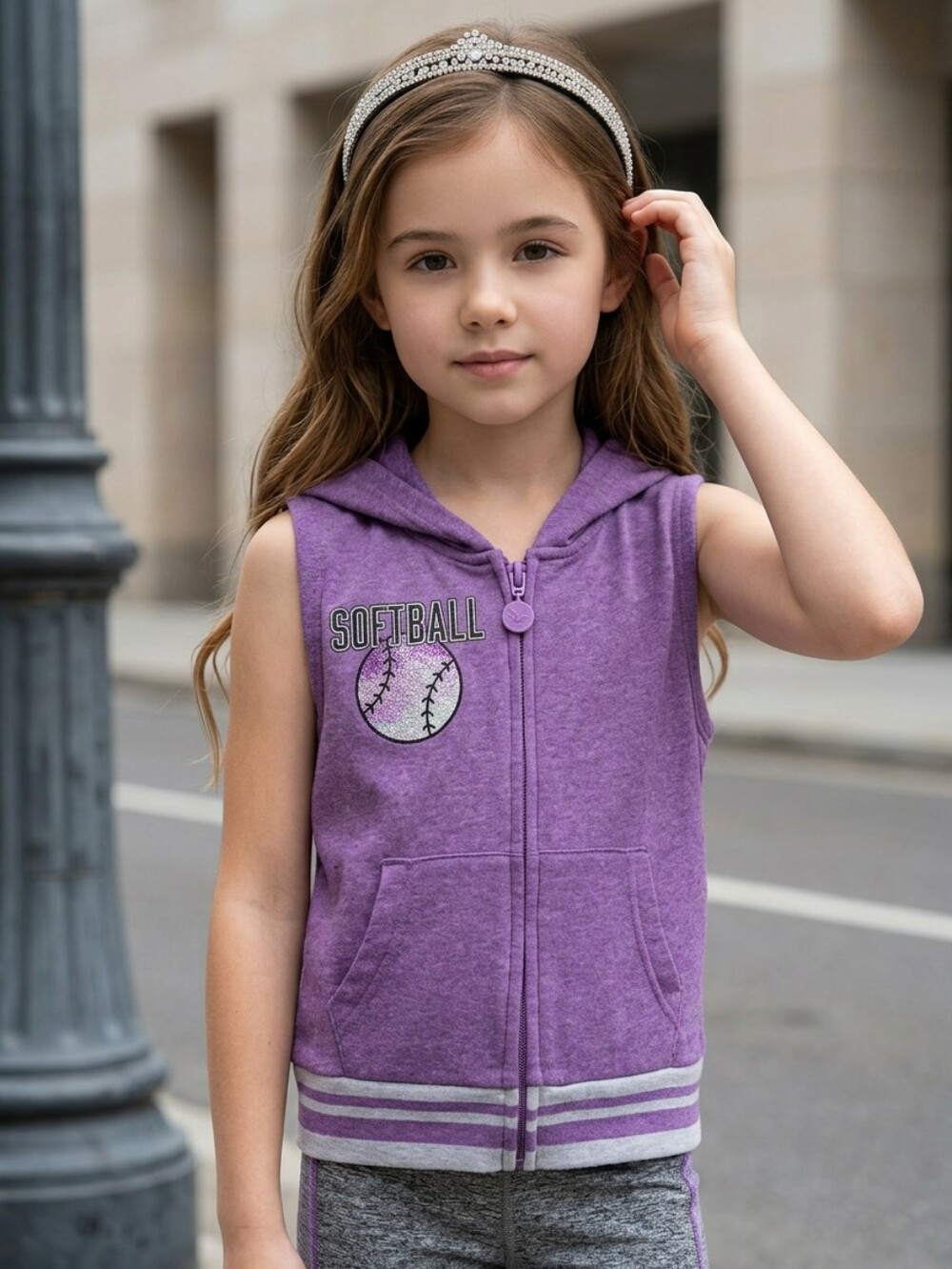 Justice Girls Purple Glitter Softball Sleeveless Zip Hoodie Vest Size 8 Sporty